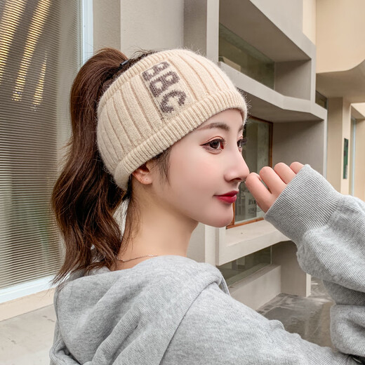 Missing-top woolen hat for women, empty-top hat for women, which can be tied with a ponytail in winter, headscarf hat with velvet cover for autumn and winter, knitted wool headband, headband, beige (hairband style), elastic pullover, leaking ponytail