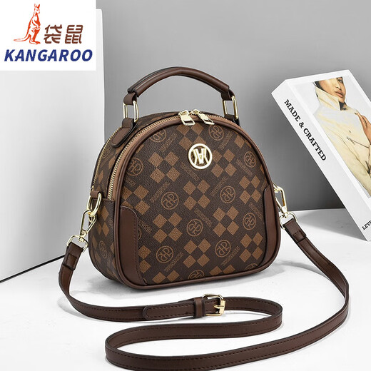 袋鼠（KANGAROO）高品质女包包2024新款印花百搭时尚小圆包单肩斜挎手提包包女 方块料-米白