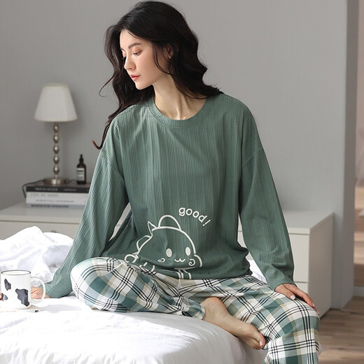 Un pijama de guifensiones para mujeres en otoño e invierno de algodón puro pantalones de manga larga set de dos piezas de dos piezas y otoño nuevo versión coreana lindo dibujos animados dulces fatelas sueltas de talla de talla de talla de talla para el hogar