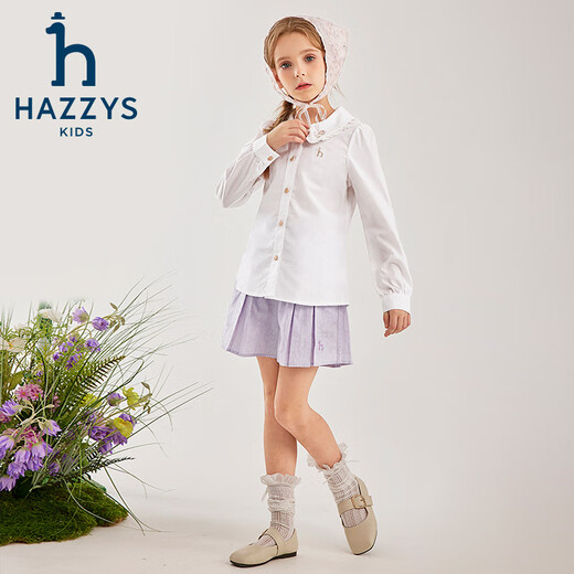 HAZZYS brand children's clothing girls' shirt spring new style comfortable classic lapel fashion retro simple long-sleeved shirt original white 160cm