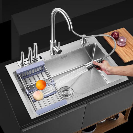 Kayin Kitchen 304 stainless steel hand-drawn thickened single-slot sink package large single-slot washbasin three-hole three-hole thickened 45*40-AA package AA empty