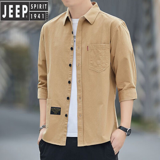 JEEP SPIRIT高档纯棉免烫夏季衬衫男士宽松版七分袖衬衣工装中袖外套休闲百搭 高质量纯棉料七分袖5008(浅蓝色) L 115斤-135斤