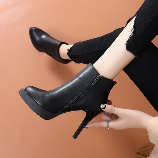 Belle-Ta-Serie Marke Leder Leder Kurzstiefel High Heels 2025 Herbst und Winter sowie Samt Frauenstiefel Dünne Absatz wasserdichte Plattform Dicke Sohle Martin Stiefel Knöchel Schwarz 36
