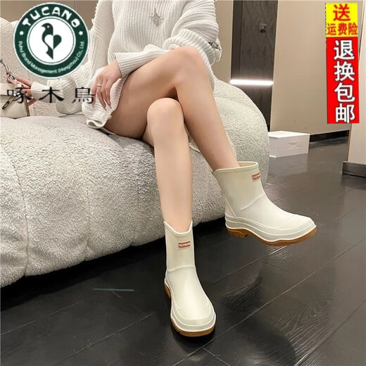 啄木鸟雨鞋女士中筒新款加绒棉防滑成人雨靴时尚胶鞋防水牛筋底可爱水鞋 粉红色加绒套 3236(要拍大一码) 38