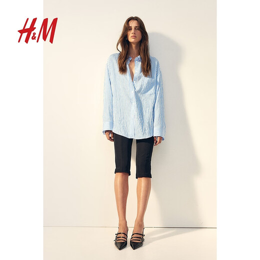 H&M women's shirt spring lapel long-sleeved simple air-conditioning shirt striped printed top 1239275 blue/white striped S 160/88