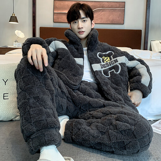 Langsha winter men's cotton pajamas coral velvet three-layer thickened warm home clothes for winter students can be worn outside students LMMQ9923 XL code 170-175CM/135-155Jin[Jin equals 0.5 kg]