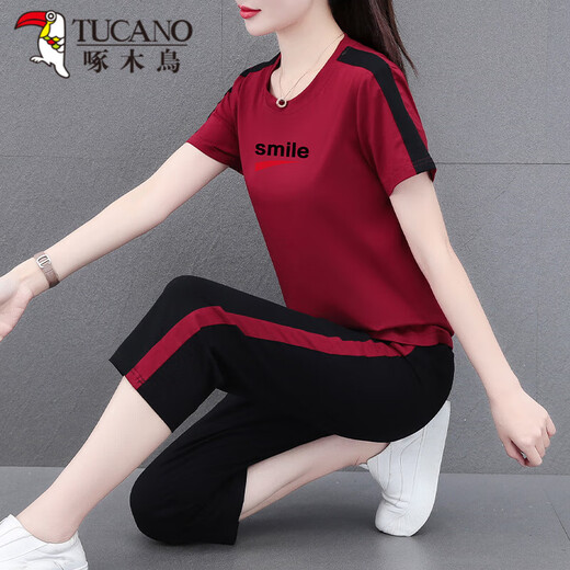 啄木鸟（TUCANO）好棉运动服套装女夏季2024新款中年夏装休闲短袖七分裤两件装 卡其七分裤[687款] M (推荐80-95斤)
