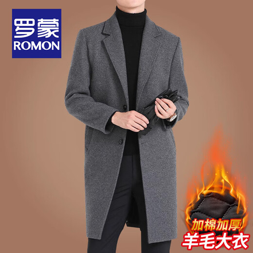 罗蒙（ROMON）绵羊毛呢大衣男士加棉加厚秋冬季中长款风衣男商务休闲呢子外套男 黑色毛呢(40%绵羊毛) L码(建议125-140斤穿)