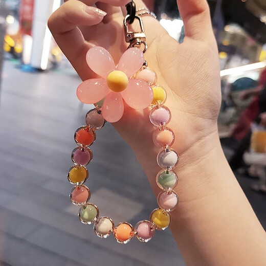 坤随 Q串珠钥匙扣手机挂绳粉花朵短款手腕挂件彩色圆珠子手工串珠挂链 串珠钥匙扣1个【粉花彩珠】
