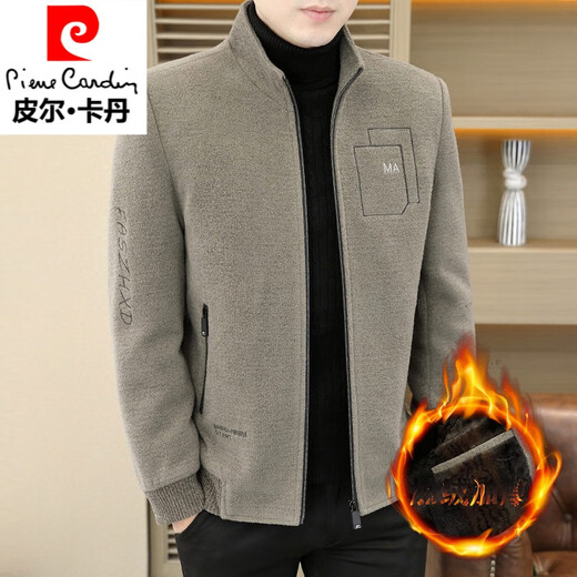 Pierre Cardin stand collar jacket men's 2025 winter new velvet thickened woolen casual middle-aged warm woolen jacket men's 815 khaki plus velvet L