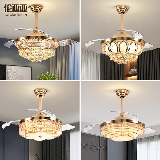 LUNXIYA Crystal Invisible Ceiling Fan Light Living Room Fan Light Dining Fan Light Bedroom Modern Simple Chandelier Zhongshan Lighting YX-825-Gold-diameter 108CM+Three Colors+Remote Control