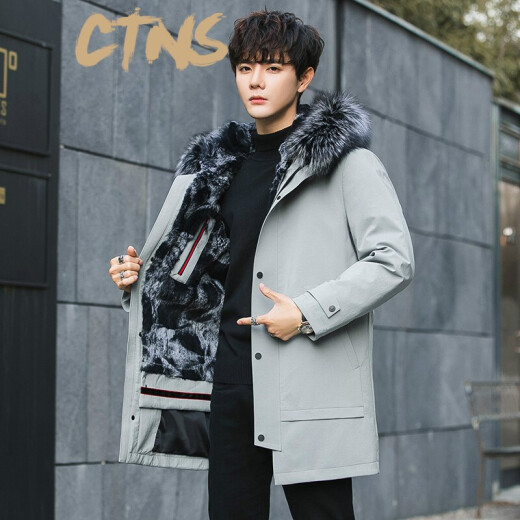CTNS light luxury brand parka men's mid-length coat men's winter rex rabbit fur removable liner fur one-piece fur coat jacket light gray L