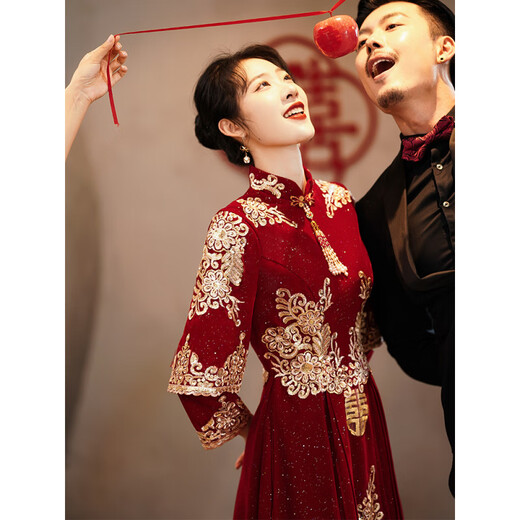 Ai Feilin new Chinese toasting dress cheongsam 2025 new burgundy Xiuhe dress bride wedding long-sleeved high waist slimming belly covering light Xiuhe dress 80 M