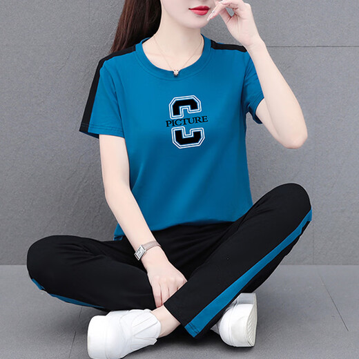 NY-EMMA Sports Suit for Women Summer Summer Summer haut de gamme à mode réducteur de coton et à la mode Sang de danse carrée à la mode exécutant un ensemble en deux pièces 692 Bleu royal (combinaison de pantalon) XL (recommandé 110-125 Jin [Jin est égal à 0,5 kg]))