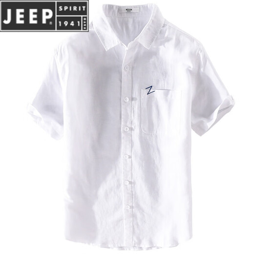 
JEEP SPIRIT men's linen short-sleeved shirt linen men's fashion casual cotton linen shirt summer top white 9711 with pockets on chest 4XL
