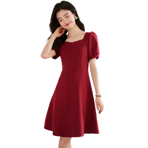 她享短袖连衣裙女方领赫本风小个子高级感时尚红色礼服裙子T143Q1426