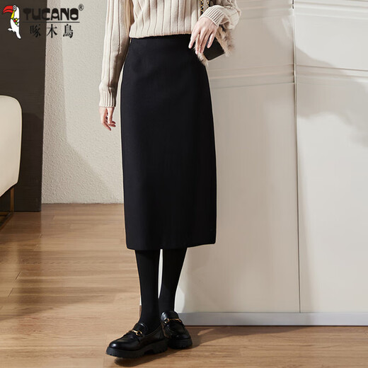 Woodpecker (TUCANO) Woolen Skirt Women's 2025 Autumn and Winter New High Waist Women's A-Line Skirt Women's Small Long Skirt Women's Black 55/60kg/L