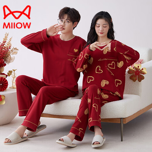 Catman (Miiow) Neues Red Pyjamas Hochzeitspaar Anzug für Männer und Frauen Winter und Herbst Neue reine Baumwolle, langärmelische festliche Heimkleidung 9227 Frauen [double Happy] 2xl (140 160jin [Jin gleich 0,5 kg]))