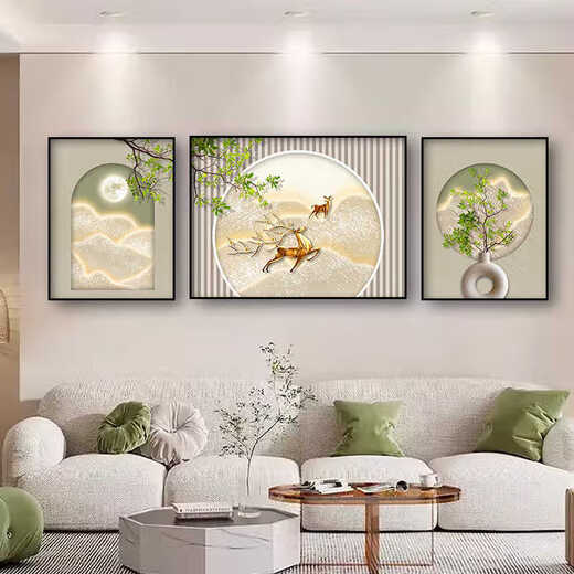 
Sense painting cream style living room decoration painting modern simple sofa background wall hanging painting Fulu triplet 2025 new mural JD13588 left and right 40*60 middle 80*60 crystal porcelain diamond-inlaid aluminum alloy gold frame