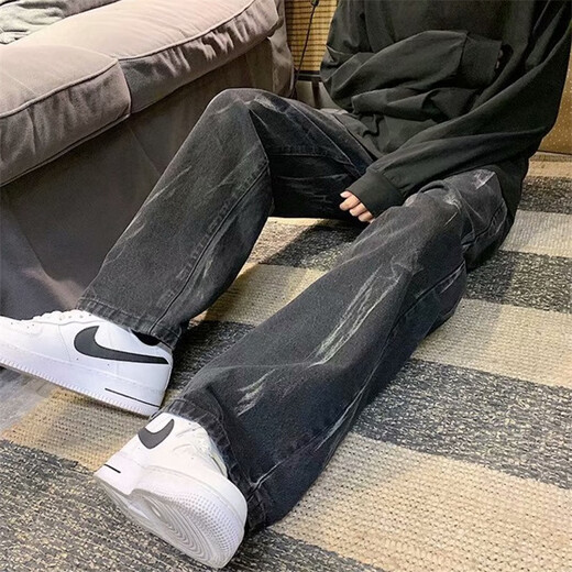 Kefeiwo tie-dyed jeans for men spring high street hip-hop loose wide-leg straight pants handsome casual floor-length trousers Haowei-3317 black XL (recommended weight 120-135 Jin Jin equals 0.5 kg)