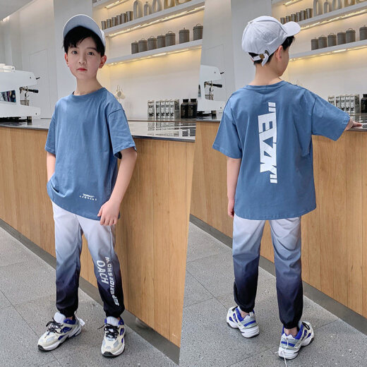McTICCO Boy Suit T-shirt pour enfants à la mode Vêtements pour enfants décontractés Médium d'été et grand garçon Bélose à la mode 9767 noir + 5725 Gradient [Suit en soie de glace] 140 Taille (130-140 cm)