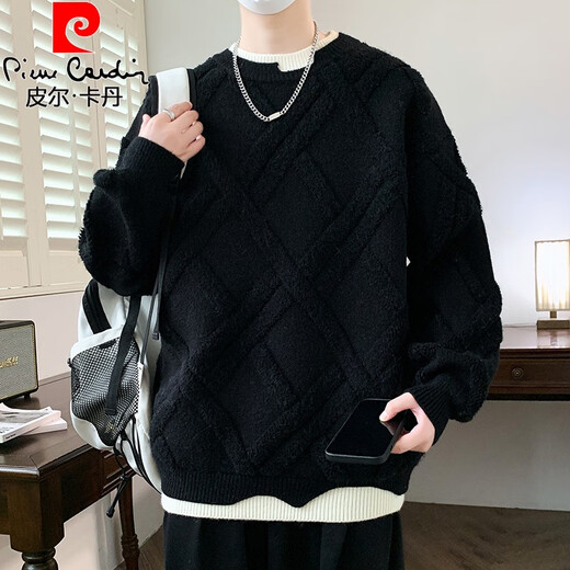 皮尔卡丹假两件春秋季新款男生初高中学生加厚毛衣大童青少年打底针织衫潮 9227黑色 XL 约115-130斤可穿