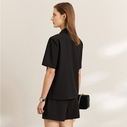AMII Women's 2025 Summer New Complete Matching Suit Women's Fashion Double-breasted Casual Small Two Black (Shirt) S 155/80A