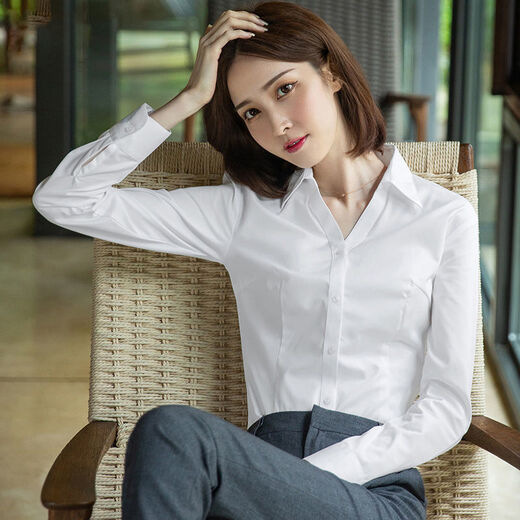 Libiji Spring and Autumn New White Shirt Women's Long Sleeve V-neck White Shirt Western Style Professional Workwear Formal Blue Work Clothes White V Long Sleeve XL115-130Jin Jin is equal to about 0.5 kg
