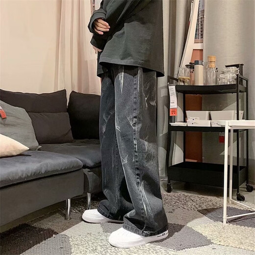 Kefeiwo tie-dyed jeans for men spring high street hip-hop loose wide-leg straight pants handsome casual floor-length trousers Haowei-3317 black XL (recommended weight 120-135 Jin Jin equals 0.5 kg)