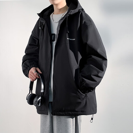 Dingfengbaoluo American cotton jacket men's autumn and winter casual cotton jacket thickened windproof hooded warm cotton jacket DFM18 black L