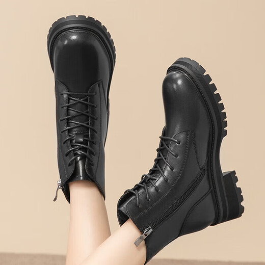 Red Dragonfly Martin boots women's autumn and winter warm thick-soled British style short boots casual slim boots WTC43480 black velvet lining 37