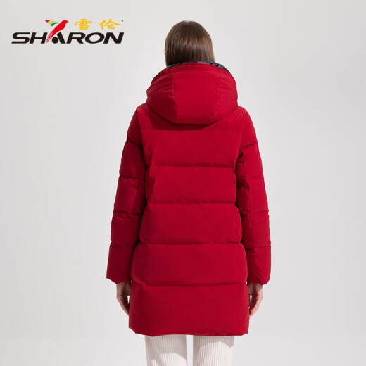 雪伦中长款羽绒服女简约百搭袖标秋冬外套 13567 粉紫色 XL
