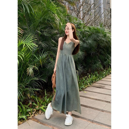 AJEFEFAT牛仔连衣裙女2024夏季新款高级感感做旧质感级吊带裙mm修身A字直 蓝色833 2XL 【建议135至150斤