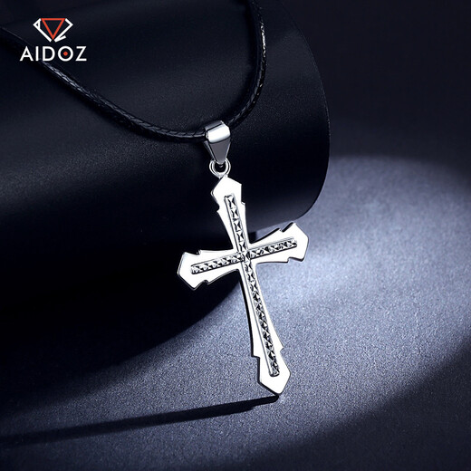 Aido Diamond Men's Platinum Pendant Flame Cross pt950 Platinum Pendant Glossy Carved Necklace Glossy Version 8.3-8.5g + With Black Leather Cord
