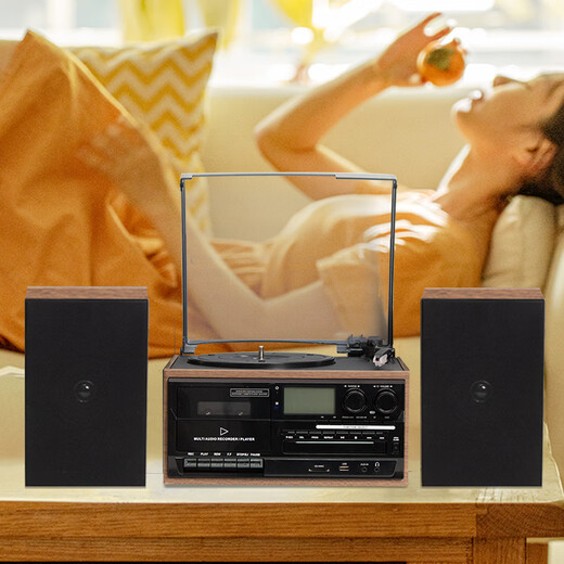 Heritage family tape player CD tape vinyl multi-function split external speaker vinyl record player retro gramophone small Bluetooth speaker vinyl CD tape multi-function external speaker oak color