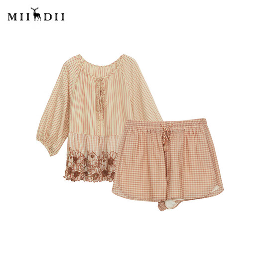 Riddle suit for women summer new style literary style embroidered loose top + shorts 242MTZ0650 lotus root apricot strips XS