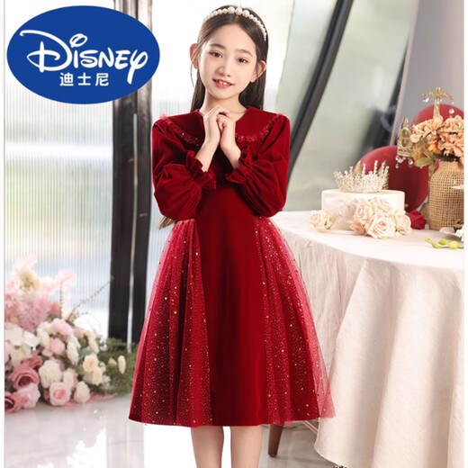Disney Girls Dress Velvet Children's Skirt Red Princess Dress Host Performance Clothes Autumn and Winter Long Sleeve Plus Velvet Red Plus Velvet 140