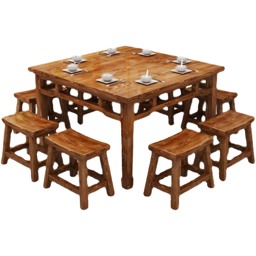 XMSJ定制正方形面馆饭店餐桌八仙桌碳化食堂烧烤大排档农家乐组合 808075一桌4长凳子