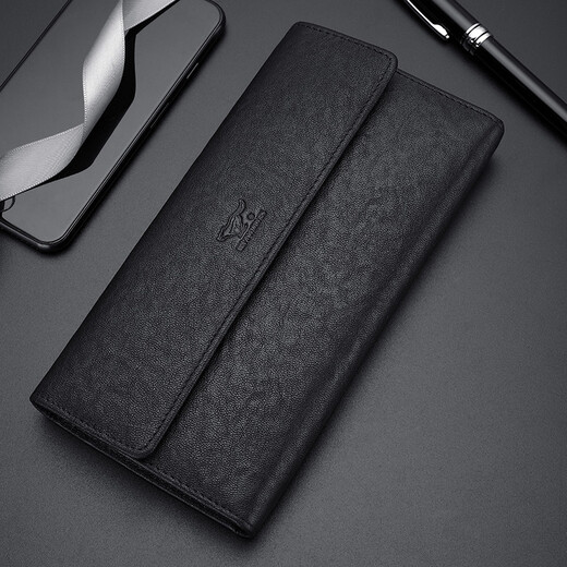 Sieben Wolf -Männer Langes Geldbörse echter Leder 3 -fach Straight Wallet Pure Head Layer Cowhide Gürtel Schnalle Ticket Clip Weiches Leder Mehrfachkartenschlitz schwarz