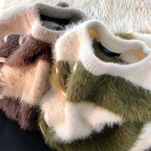 Style Rabbit Sweater Women's 2025 New Winter Stripe Contrast Color Age Reduction Thickening Design Loose Lazy Trendy Knitted Sweater Green One Size