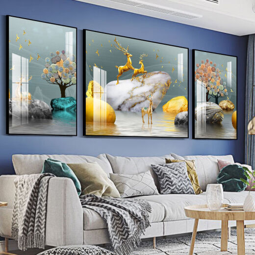 铃桐发财福鹿客厅装饰画简约现代三联挂画墙画欧式轻奢沙发背景墙壁画 15269-1-2-3NX黑框*] 边40*60中80*60布纹膜A