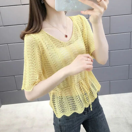 Arctic velvet ice silk sweater with suspender blouse hollow outer wear 2024 new drawstring top women's short-sleeved T-shirt blue XXS warehouse gift