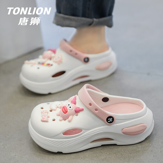 唐狮（TonLion）洞洞鞋女鞋夏季软底凉鞋女士厚底外穿踩屎感沙滩鞋 白色 37/38