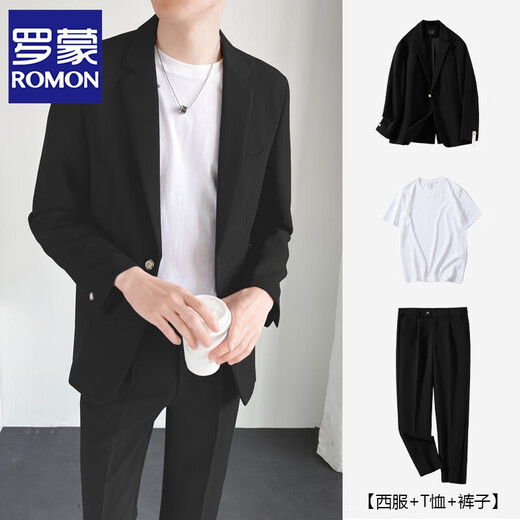 ROMON Korean style casual suit men's youth business autumn and winter handsome groom wedding small suit jacket single suit men black three-piece suit suit + pants + T-shirt XL