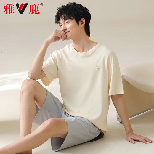 雅鹿男士睡衣男纯棉夏季薄款短袖全棉可外穿休闲大码男生家居服套装 42m13601 4XL  推荐体重180-200斤