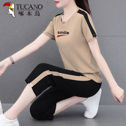 啄木鸟（TUCANO）好棉运动服套装女夏季2024新款中年夏装休闲短袖七分裤两件装 卡其七分裤[687款] M (推荐80-95斤)