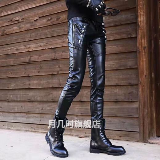 Ge Peng motorcycle leather pants men's winter regular velvet-lined windproof stage performance trousers Japanese and Korean style slim style trendy riding warm black M69027 waist 2 feet 0