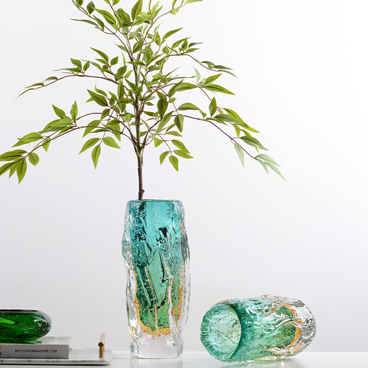 Lake blue glass vase, light luxury and high-end living room flower arrangement glass art dry flower vessel, dining table decoration ornaments, lake blue vase combination set