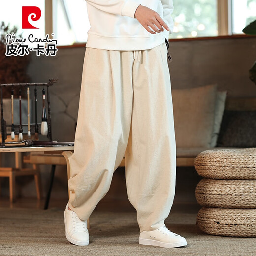 皮尔卡丹（pierre cardin）春秋棉麻灯笼裤男粗腿纯色居家哈伦裤宽松复古麻料裤子大裆休闲裤 黑色 L