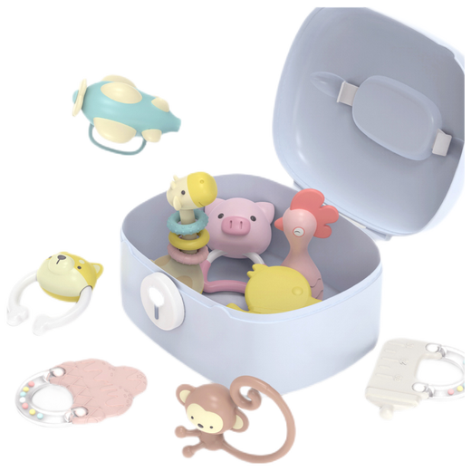 Aseblarm teether hand rattle 0-3-6 months 1 year old baby grasps early education enlightenment soothes newborn baby toy G animal rattle 6 set (blue)